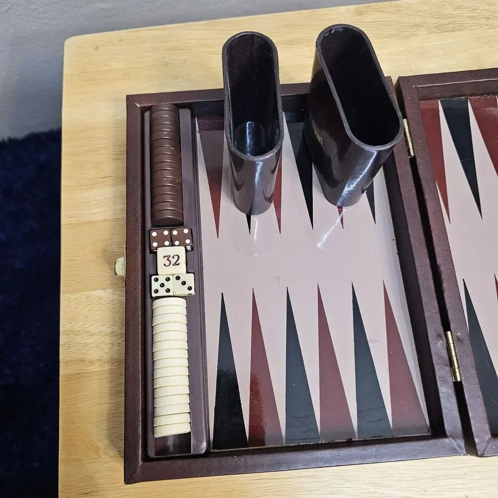 Vintage Travel Backgammon Set Faux Leather Folding Case Complete w/ Dice Cups